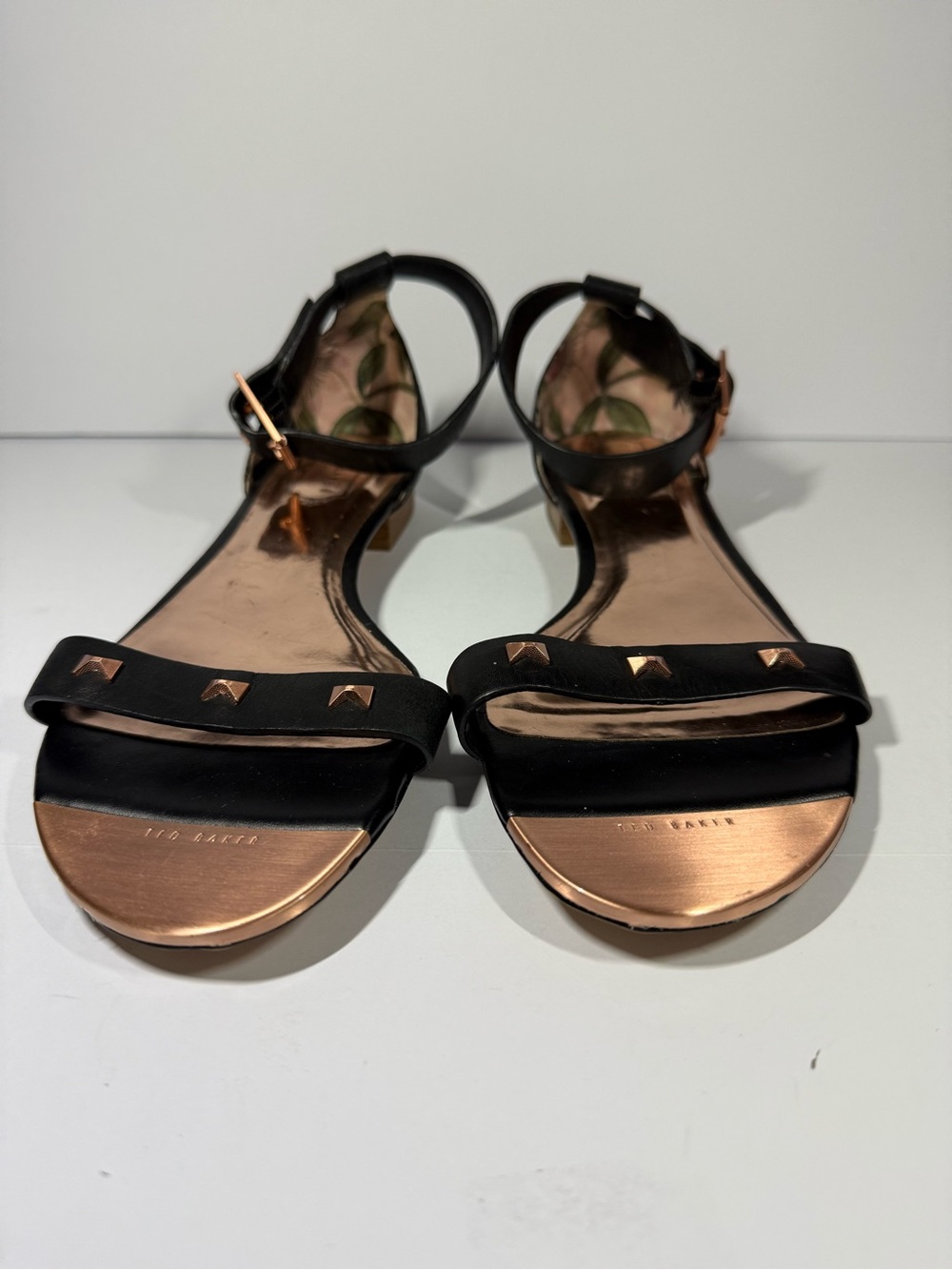 Ted Baker Black Leather Flats with Rose-Gold Accents